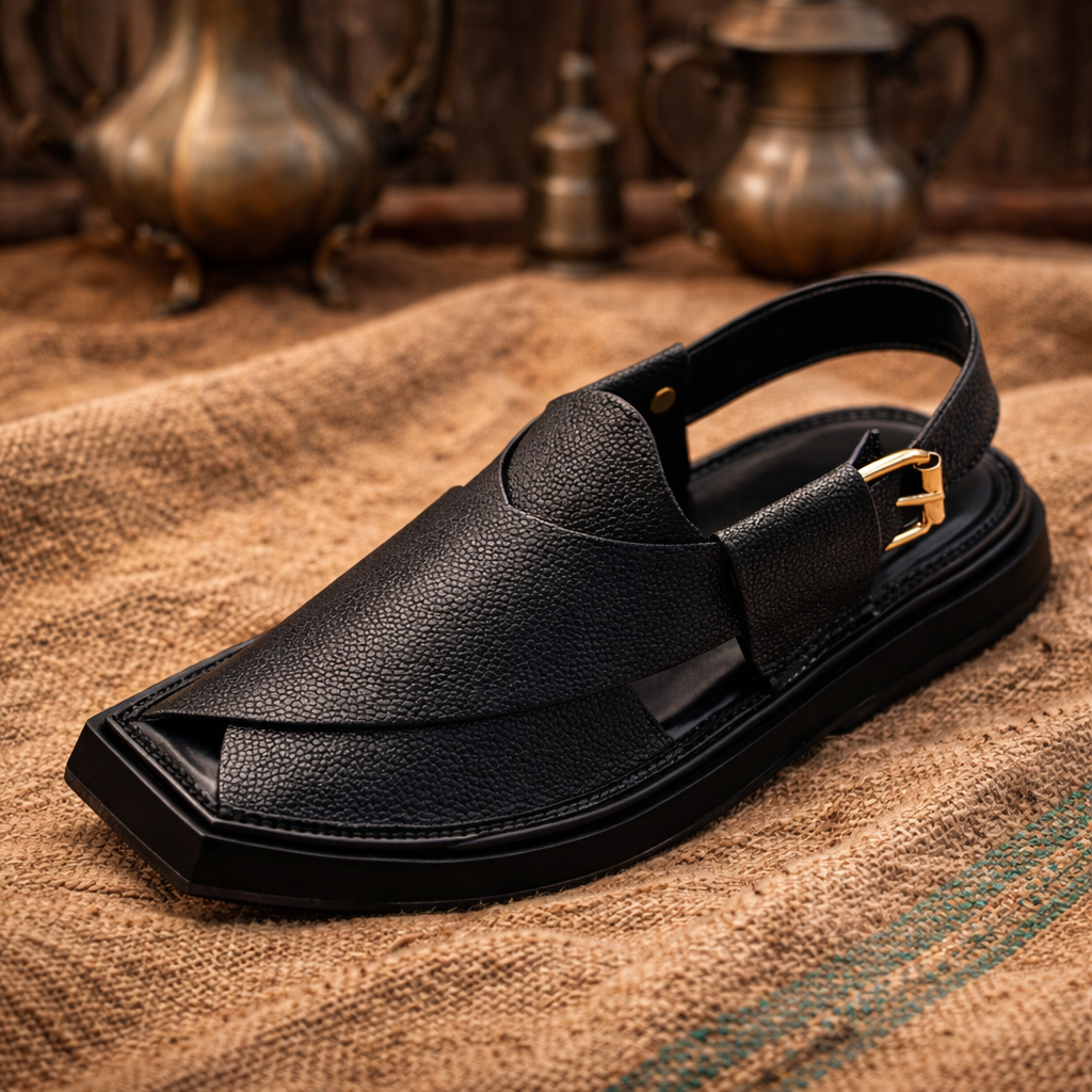 Noshy Black Kaptaan Dotted Chappal for Men | Premium Traditional Footwear