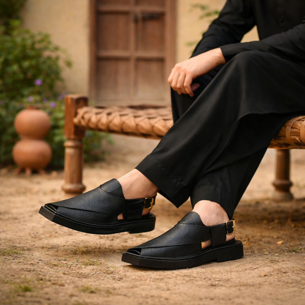 Noshy Black Kaptaan Dotted Chappal for Men | Premium Traditional Footwear